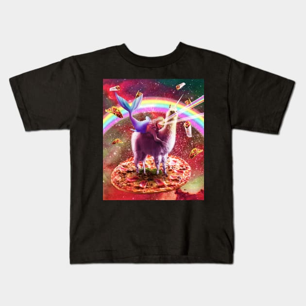 Laser Eyes Outer Space Mermaid Riding Llama Kids T-Shirt by Random Galaxy